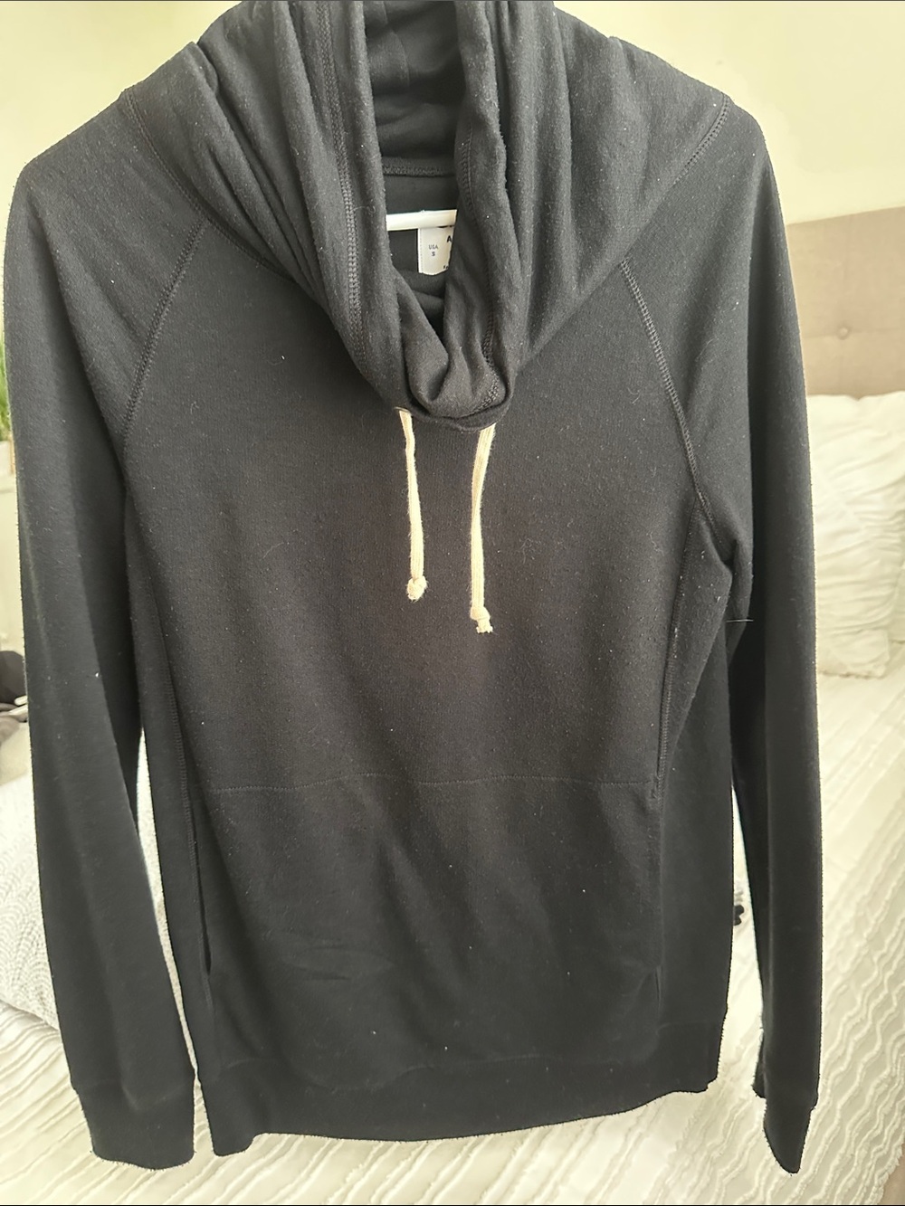 Unisex Black Cowl Neck Pullover Sweater with Drawstring